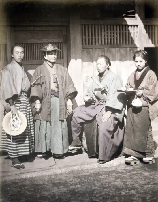 Framed Print : c. 1860s Japan - taking tea at a tea house, Felix Beato studio Framed Print : c. 1860s Japan - taking tea at a tea house, Felix Beato studio
