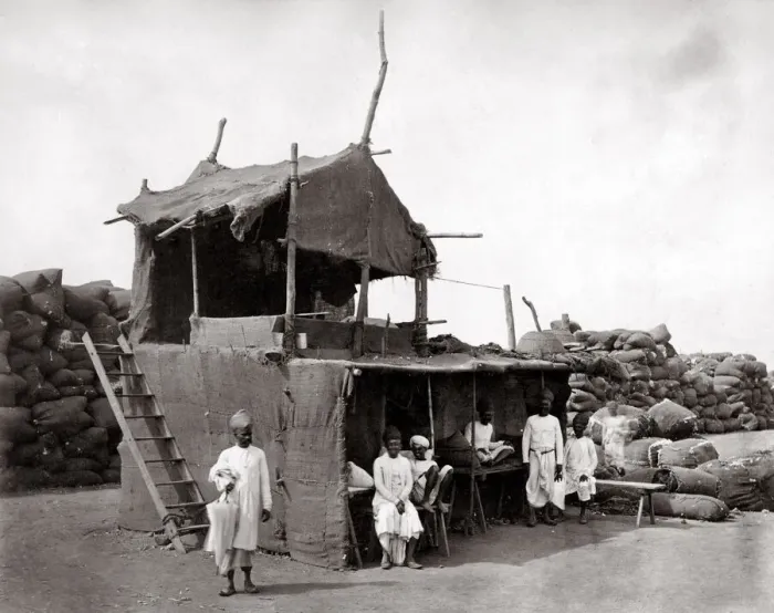 Framed Print : c. 1870s India - cotton shed and cotton bales Framed Print : c. 1870s India - cotton shed and cotton bales