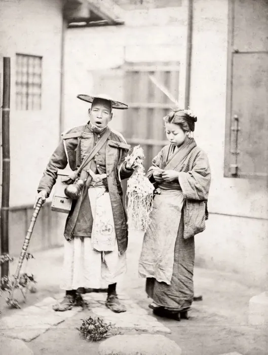 Framed Print : c. 1870s Japan - Japanese street hawker or vendor Framed Print : c. 1870s Japan - Japanese street hawker or vendor