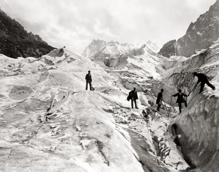 Framed Print : c. 1870s - Switzerland - climbing on the ice of a glacier Framed Print : c. 1870s - Switzerland - climbing on the ice of a glacier