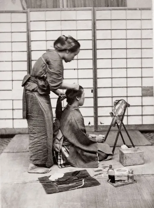 Framed Print : c. 1871 Japan - female hairdresser - from The Far East magazine Framed Print : c. 1871 Japan - female hairdresser - from The Far East magazine