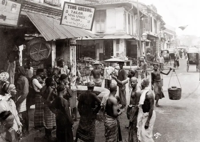Framed Print : c. 1880 - street scene in Singapore, tailors shop Framed Print : c. 1880 - street scene in Singapore, tailors shop