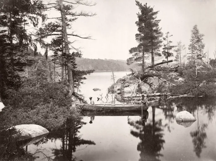 Framed Print : c. 1880s bark canoe on a lake, NW USA or BC, Canada Framed Print : c. 1880s bark canoe on a lake, NW USA or BC, Canada