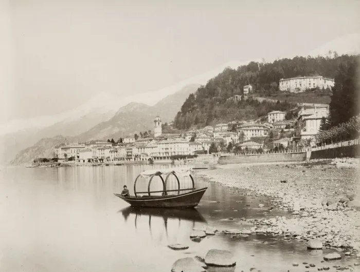 Framed Print : c. 1880s - boat on the shore of Lake Como at Bellagio, Italy Framed Print : c. 1880s - boat on the shore of Lake Como at Bellagio, Italy