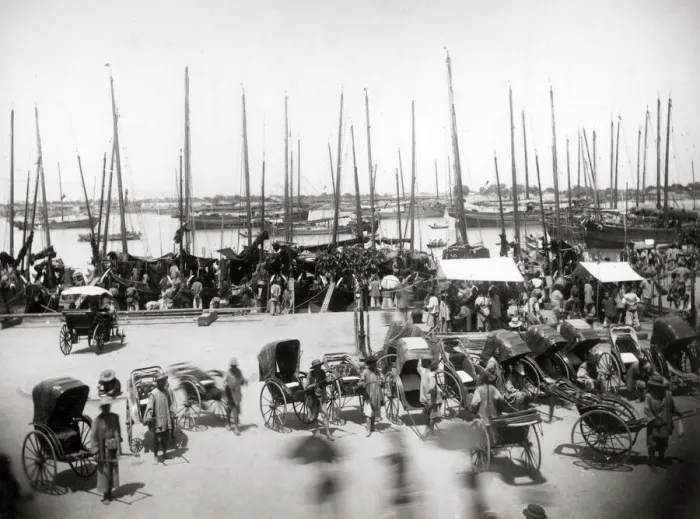 Framed Print : c. 1880s China - boats on waterfront Shanghai Bund Framed Print : c. 1880s China - boats on waterfront Shanghai Bund