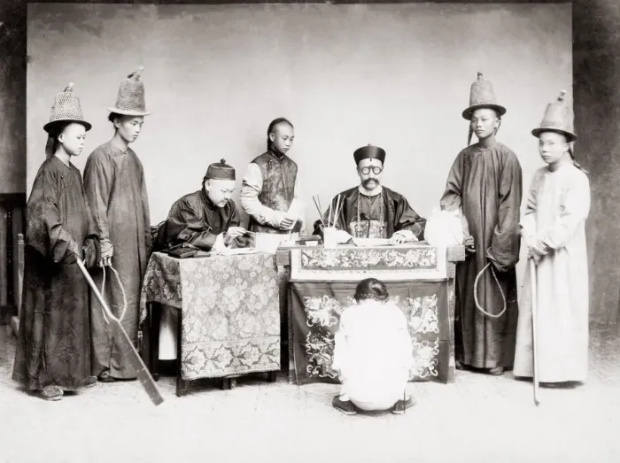 Framed Print : c. 1880s China - courtroom scene with judge, officials Framed Print : c. 1880s China - courtroom scene with judge, officials