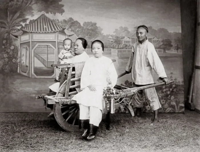 Framed Print : c. 1880s China - women and a baby on a wheelbarrow Framed Print : c. 1880s China - women and a baby on a wheelbarrow