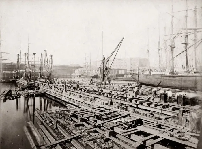 Framed Print : c. 1880s - dockyard scene, probably London, with cranes Framed Print : c. 1880s - dockyard scene, probably London, with cranes