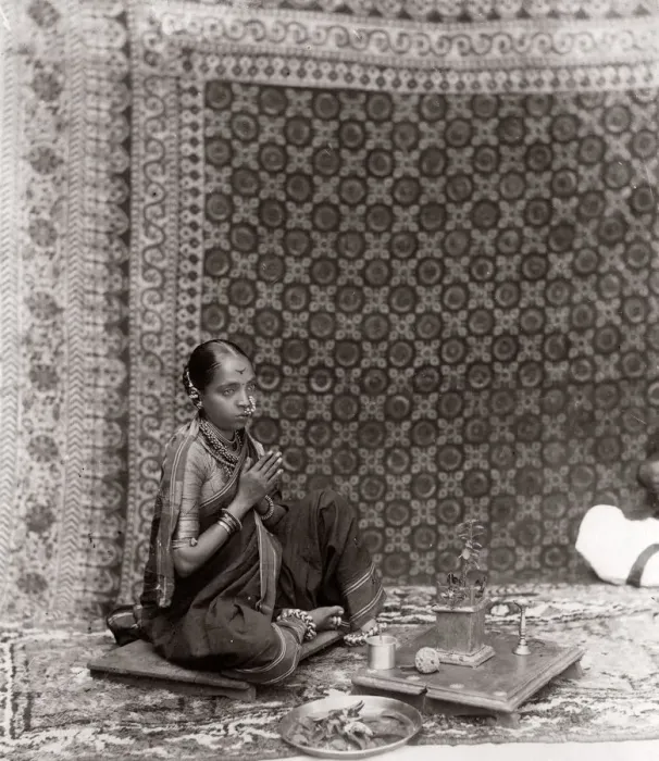 Framed Print : c. 1880s India - girl on ornate carpet, rug Framed Print : c. 1880s India - girl on ornate carpet, rug