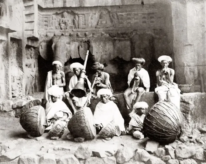 Framed Print : c. 1880s India - Indian musicians at the Karlee caves Framed Print : c. 1880s India - Indian musicians at the Karlee caves