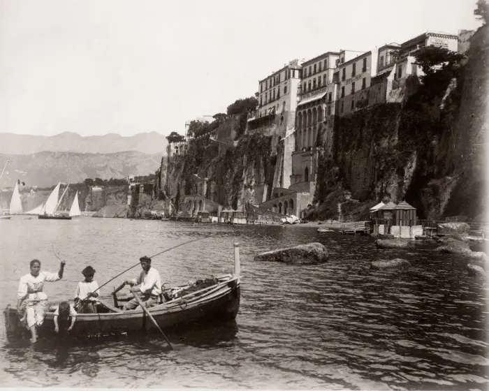 Framed Print : c. 1880s Italy - boat in the water, cliffs at Sorrento Framed Print : c. 1880s Italy - boat in the water, cliffs at Sorrento