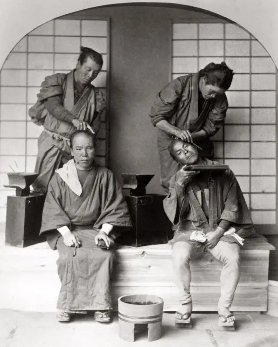 Framed Print : c. 1880s Japan - barbers at work Framed Print : c. 1880s Japan - barbers at work