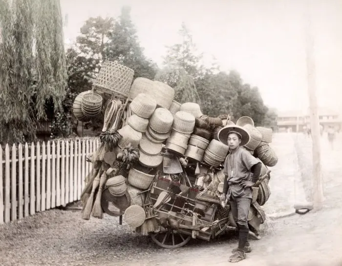 Framed Print : c. 1880s Japan - basket and broom vendor seller Framed Print : c. 1880s Japan - basket and broom vendor seller
