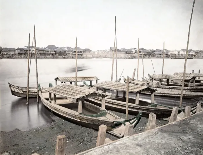 Framed Print : c. 1880s Japan - boats tied up, probably Yokohama Framed Print : c. 1880s Japan - boats tied up, probably Yokohama