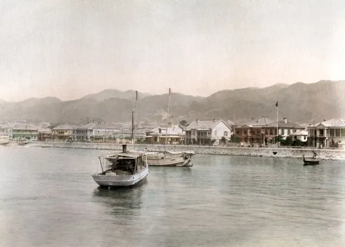 Framed Print : c. 1880s Japan - the Bund at Kobe Framed Print : c. 1880s Japan - the Bund at Kobe