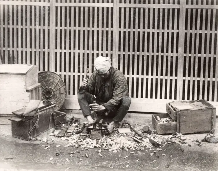 Framed Print : c. 1880s Japan - carpenter with tools at work Framed Print : c. 1880s Japan - carpenter with tools at work