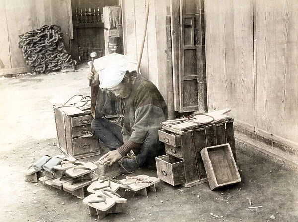c. 1880s Japan - cobbler  /  shoe maker at work