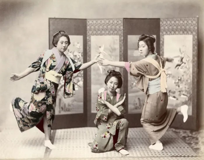 Framed Print : c. 1880s Japan - dancers, geishas Framed Print : c. 1880s Japan - dancers, geishas