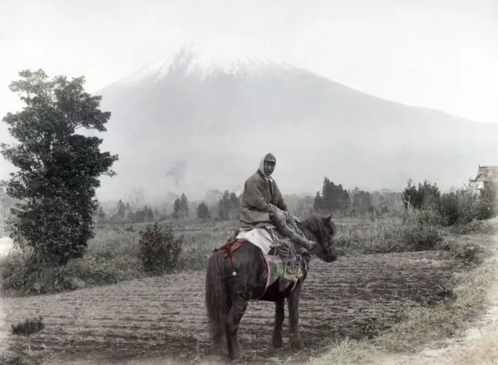 Framed Print : c. 1880s Japan - farmer on his horse near Mount Fuji Framed Print : c. 1880s Japan - farmer on his horse near Mount Fuji