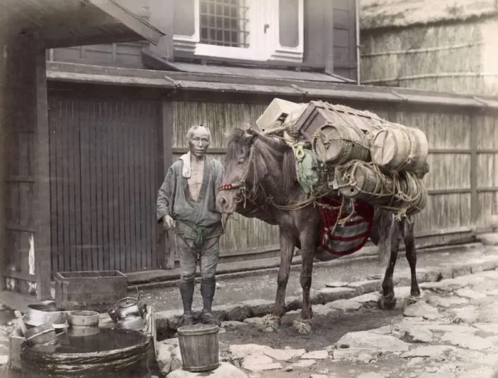 Framed Print : c. 1880s Japan - farmer and pack horse Framed Print : c. 1880s Japan - farmer and pack horse