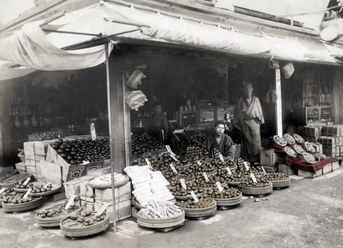 Framed Print : c. 1880s Japan fruit and vegetable shop Framed Print : c. 1880s Japan fruit and vegetable shop