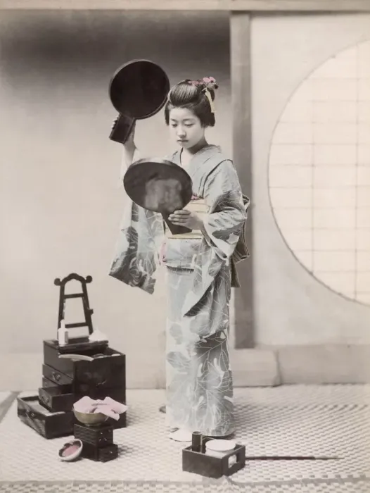 Framed Print : c. 1880s Japan - geisha with two mirrors Framed Print : c. 1880s Japan - geisha with two mirrors