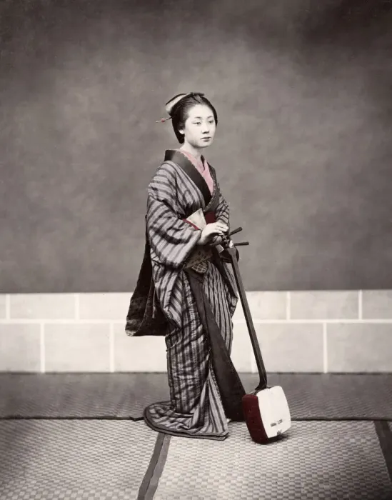 Framed Print : c. 1880s Japan - geisha with Shamisen Framed Print : c. 1880s Japan - geisha with Shamisen