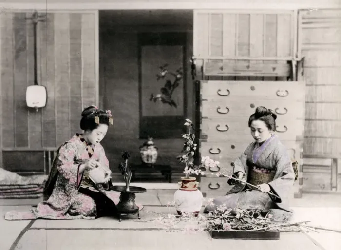 Framed Print : c. 1880s Japan - geishas arranging flowers Framed Print : c. 1880s Japan - geishas arranging flowers