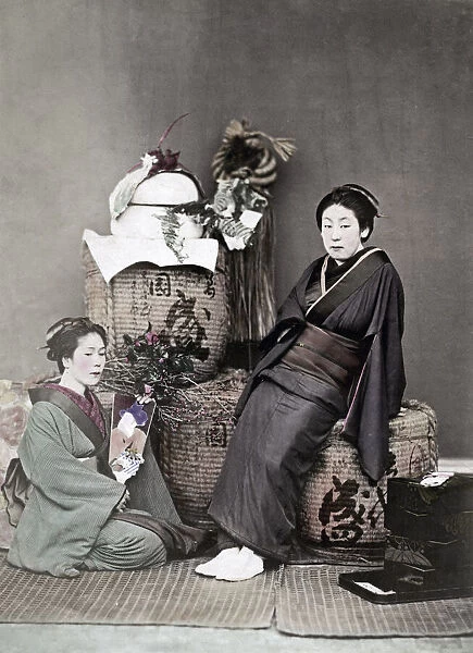 c. 1880s Japan - two geishas with baskets and flowers