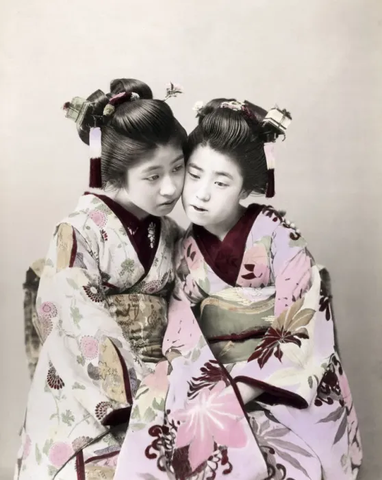 Framed Print : c. 1880s Japan - two geishas cheek to cheek Framed Print : c. 1880s Japan - two geishas cheek to cheek