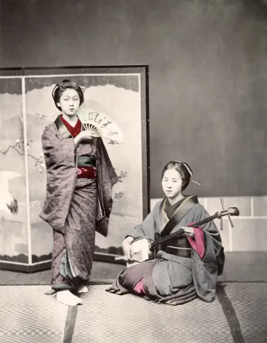 Framed Print : c. 1880s Japan - geishas dancers musicians Framed Print : c. 1880s Japan - geishas dancers musicians