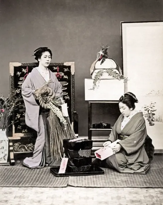 Framed Print : c. 1880s Japan - geishas with a gift Framed Print : c. 1880s Japan - geishas with a gift
