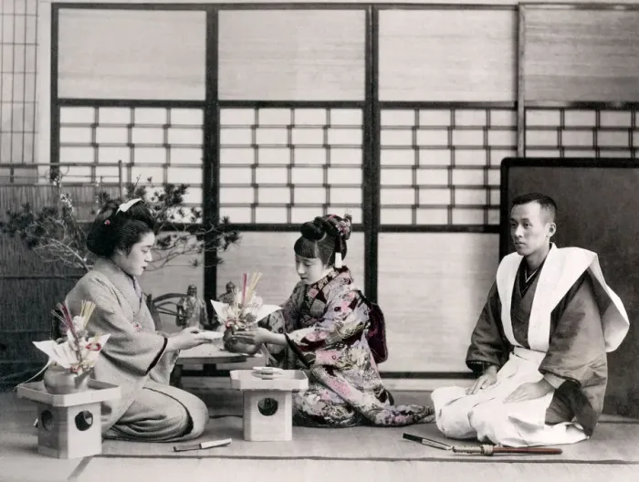 Framed Print : c. 1880s Japan two geishas and a man origami paper Framed Print : c. 1880s Japan two geishas and a man origami paper