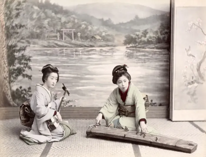 Framed Print : c. 1880s Japan - geishas with musical instrments Framed Print : c. 1880s Japan - geishas with musical instrments