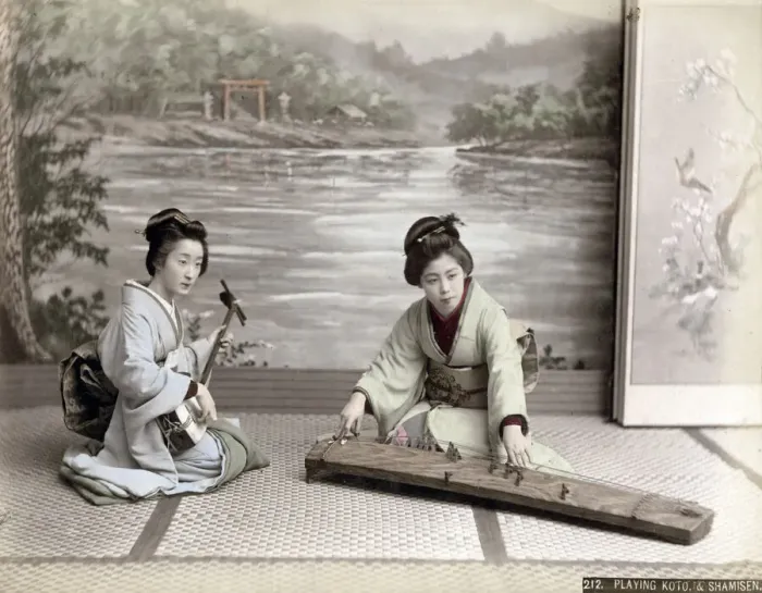 Framed Print : c. 1880s Japan - geishas playing musical instruments Framed Print : c. 1880s Japan - geishas playing musical instruments
