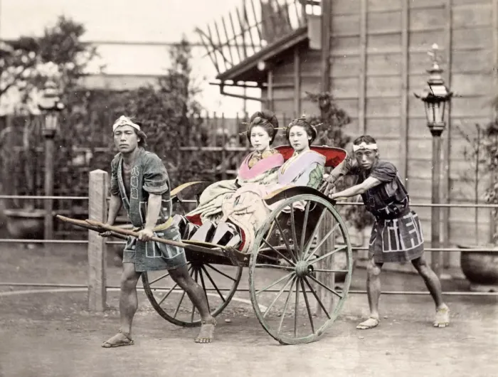 Framed Print : c. 1880s Japan - geishas in a rickshaw