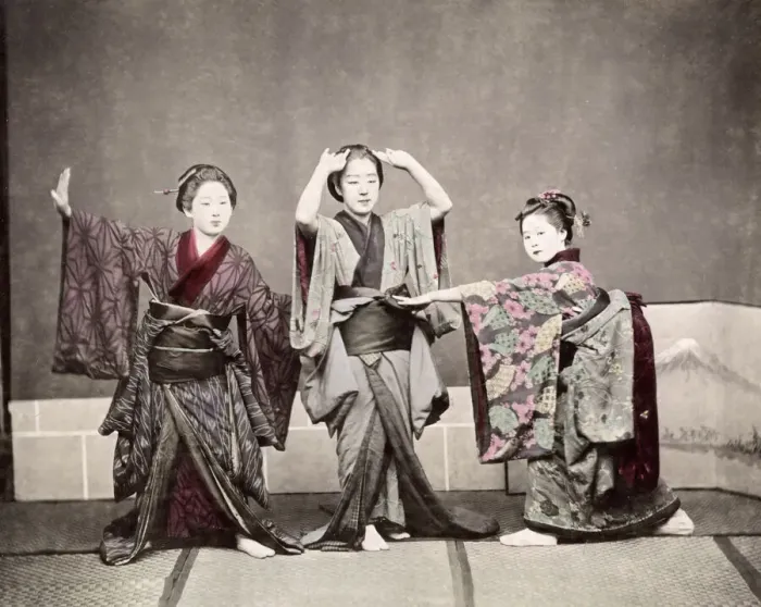 Framed Print : c. 1880s Japan - group of dancers Framed Print : c. 1880s Japan - group of dancers
