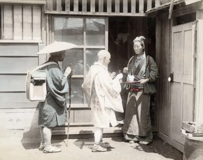 Framed Print : c. 1880s Japan - pilgrims begging for alms Framed Print : c. 1880s Japan - pilgrims begging for alms