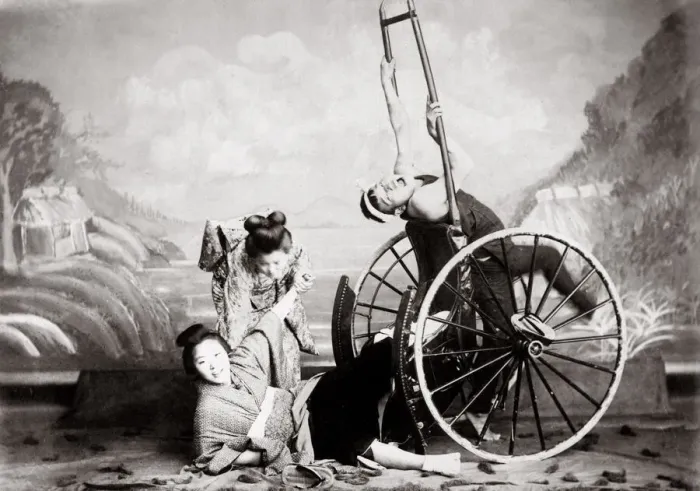 Framed Print : c. 1880s Japan - a rickshaw accident, studio tableau Framed Print : c. 1880s Japan - a rickshaw accident, studio tableau