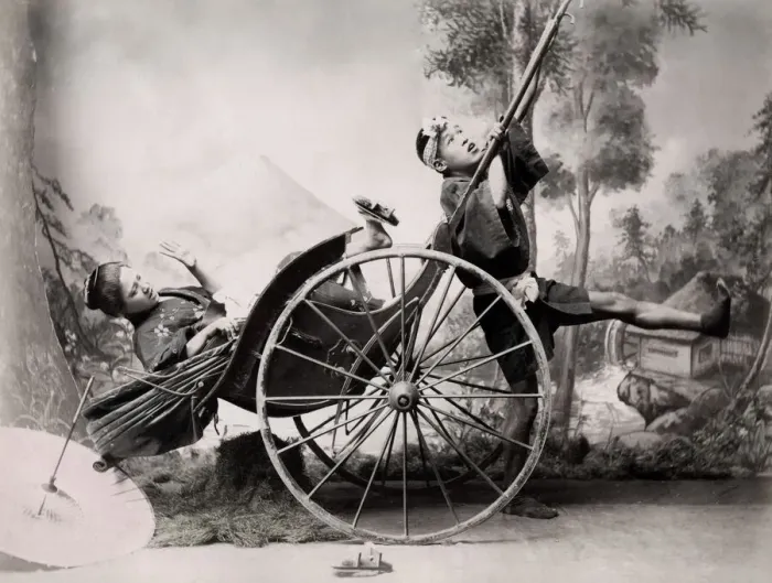 Framed Print : c. 1880s Japan - rickshaw accident - studio tableau Framed Print : c. 1880s Japan - rickshaw accident - studio tableau