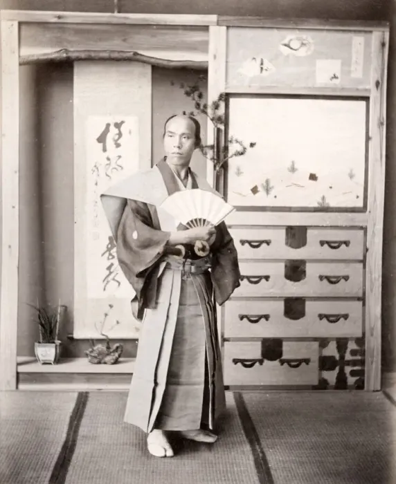 Framed Print : c. 1880s Japan - samurai with a fan Framed Print : c. 1880s Japan - samurai with a fan
