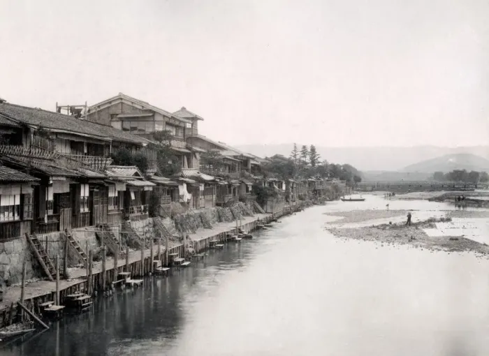 Framed Print : c. 1880s Japan - Sanjiyo at Kyoto - river and moorings Framed Print : c. 1880s Japan - Sanjiyo at Kyoto - river and moorings