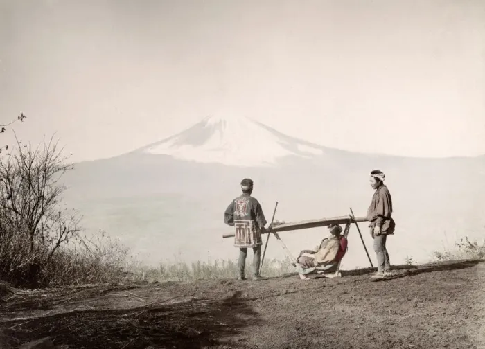 Framed Print : c. 1880s Japan - sedan chair and Mount fuji Framed Print : c. 1880s Japan - sedan chair and Mount fuji