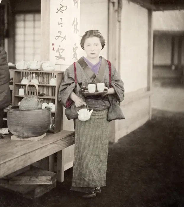 Framed Print : c. 1880s Japan - serving girl in a tea house Framed Print : c. 1880s Japan - serving girl in a tea house