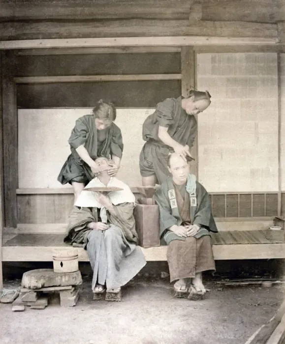 Framed Print : c. 1880s Japan - street barbers Framed Print : c. 1880s Japan - street barbers