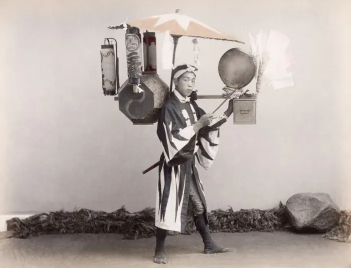 Framed Print : c. 1880s Japan - street entertainer (?) with drum Framed Print : c. 1880s Japan - street entertainer (?) with drum