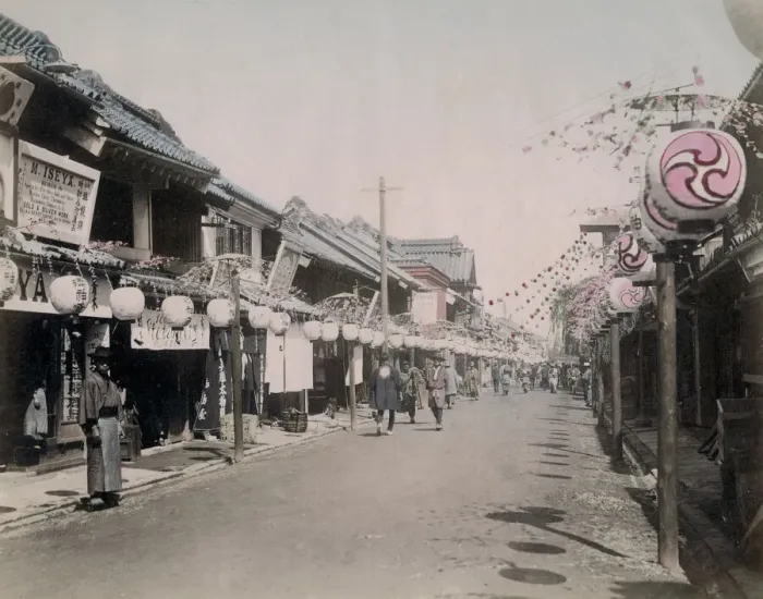 Framed Print : c. 1880s Japan - street with lanterns Yokohama Framed Print : c. 1880s Japan - street with lanterns Yokohama