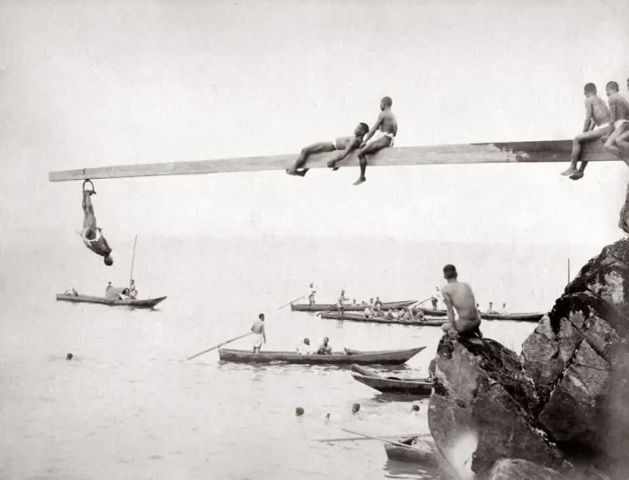 Framed Print : c. 1880s Japan - swimming, diving and boats, young Japanese men Framed Print : c. 1880s Japan - swimming, diving and boats, young Japanese men