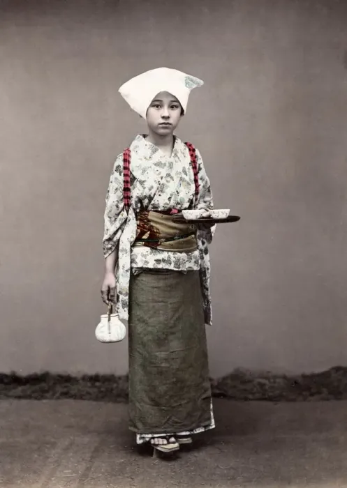 Framed Print : c. 1880s Japan - tea house serving girl Framed Print : c. 1880s Japan - tea house serving girl