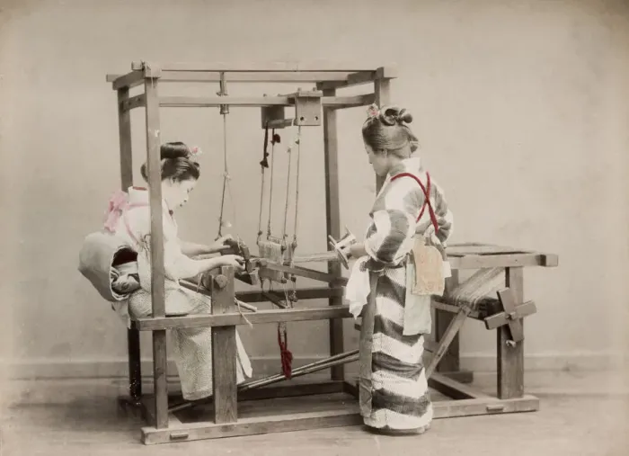 Framed Print : c. 1880s Japan - weaving on a loom Framed Print : c. 1880s Japan - weaving on a loom